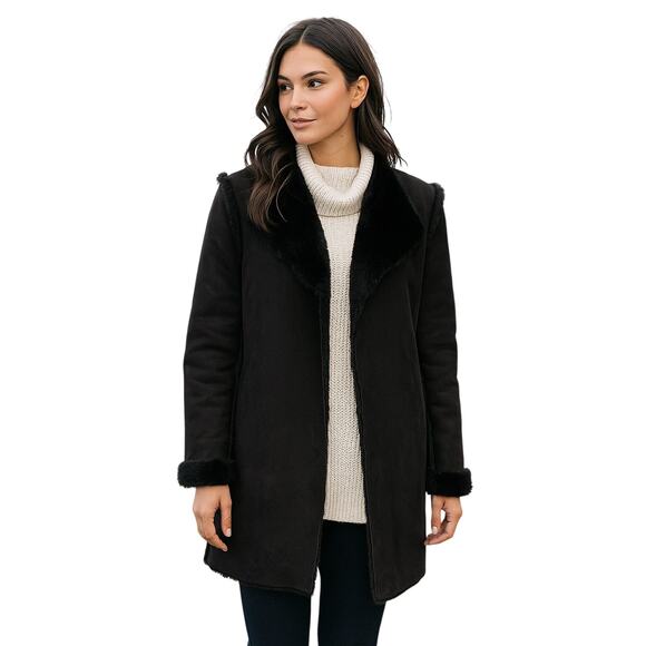 H&M Black Faux Suede & Faux Fur Coat (Size 2 ) - Picture 1 of 12